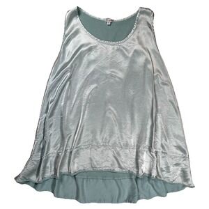 PJ Harlow Women's Natalie Tank Top Sz Large Green Sleeveless Satin Ruffle Hem